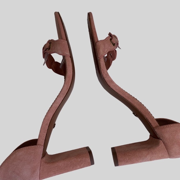 COACH LINK PEONY PINK SUEDE ANKLE STRAP OPEN TOE HEELED SANDALS - Picture 6 of 16